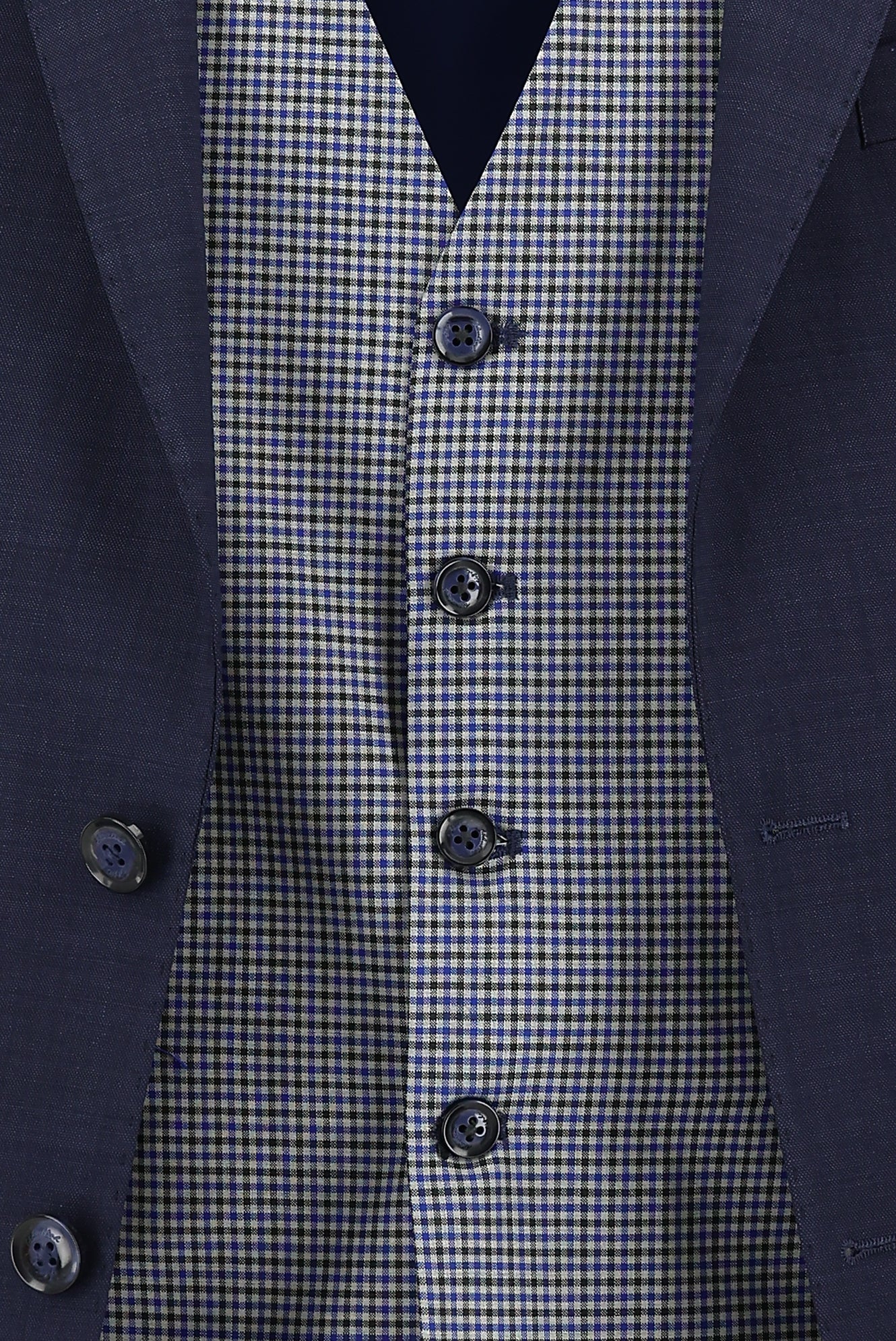 Koyu Lacivert Regular Fit Yünlü Kombinli Yelekli Ekose Takım Elbise