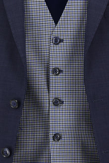 Koyu Lacivert Regular Fit Yünlü Kombinli Yelekli Ekose Takım Elbise