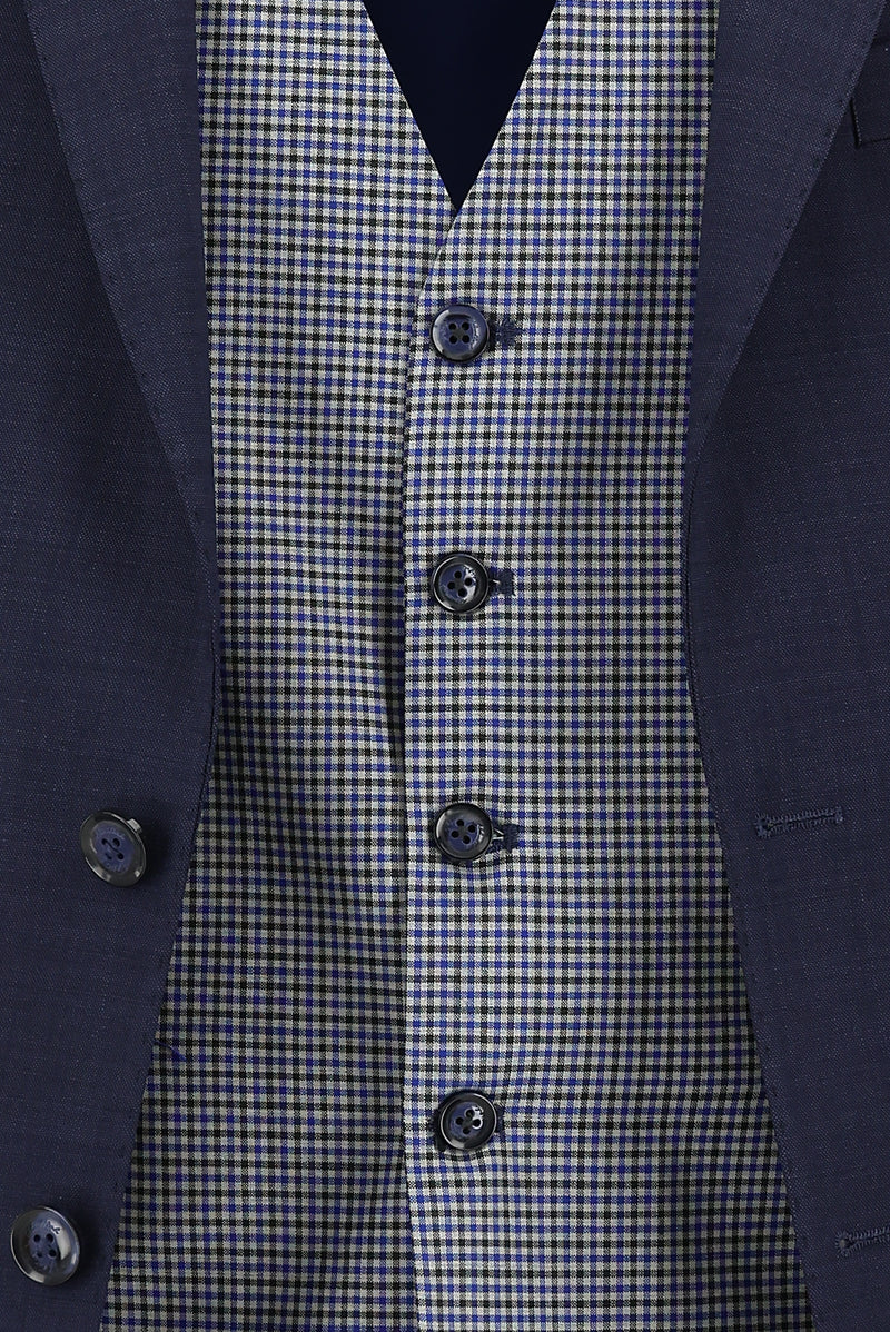 Koyu Lacivert Regular Fit Yünlü Kombinli Yelekli Ekose Takım Elbise