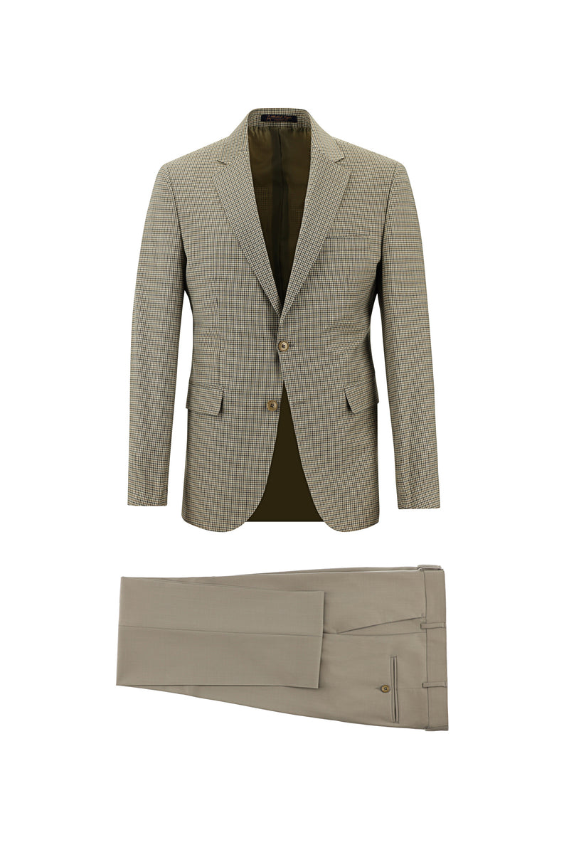 Koyu Bej Slim Fit Dar Kesim Yünlü Kombinli Takım Elbise