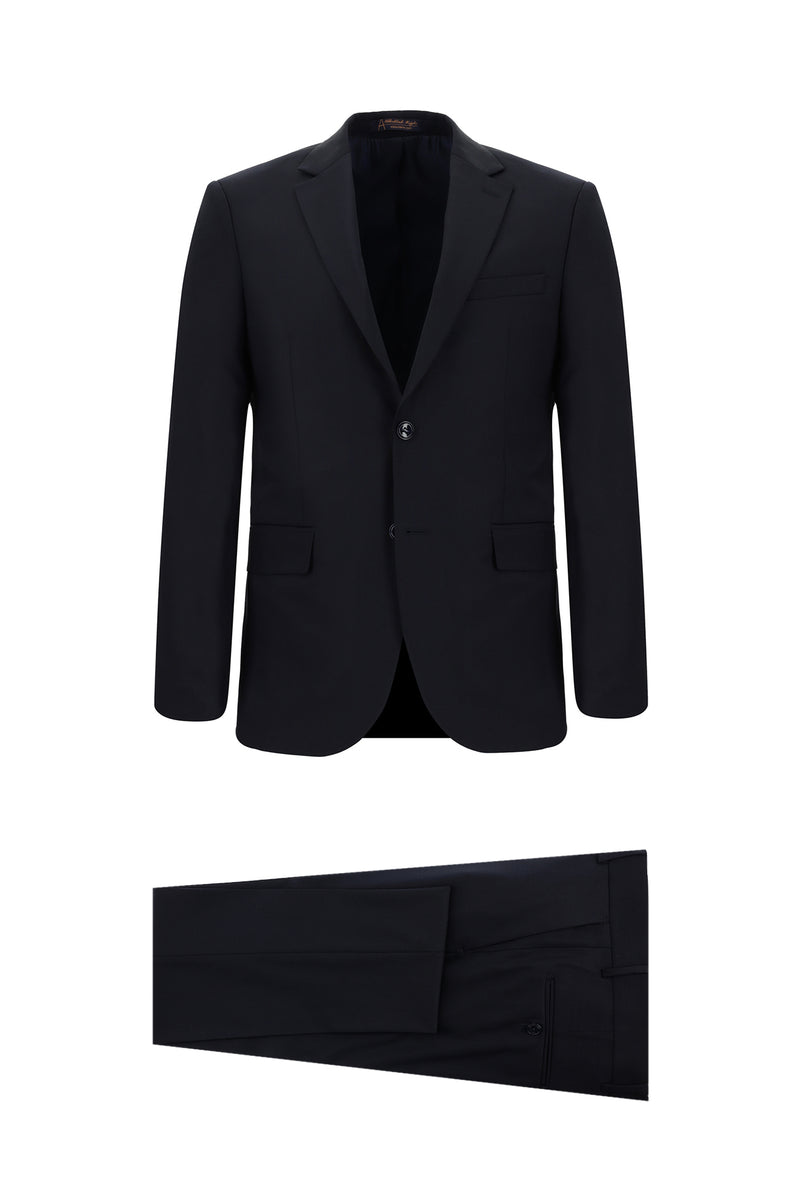 Koyu Lacivert Slim Fit Dar Kesim Yünlü Klasik Takım Elbise