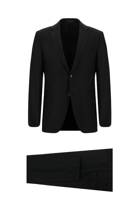 Siyah Slim Fit Dar Kesim Yünlü Klasik Takım Elbise