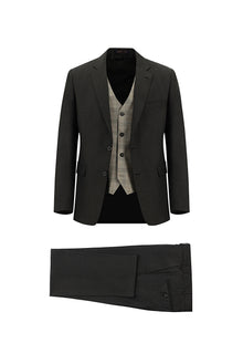 Koyu Kahve Slim Fit Dar Kesim Yünlü Kombinli Yelekli Takım Elbise