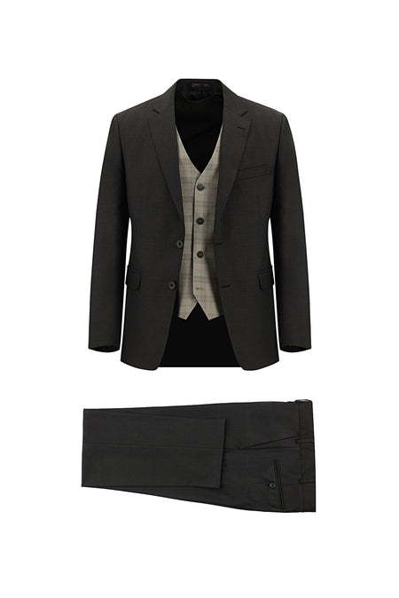 Koyu Kahve Slim Fit Dar Kesim Yünlü Kombinli Yelekli Takım Elbise