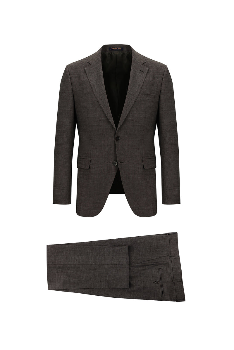 Koyu Kahve Slim Fit Dar Kesim Yünlü Klasik Desenli Takım Elbise