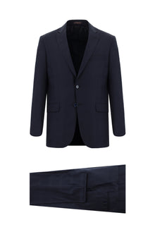Koyu Lacivert Regular Fit Yünlü Klasik Desenli Takım Elbise