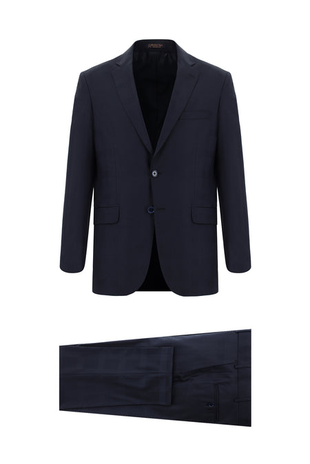 Koyu Lacivert Regular Fit Yünlü Klasik Desenli Takım Elbise