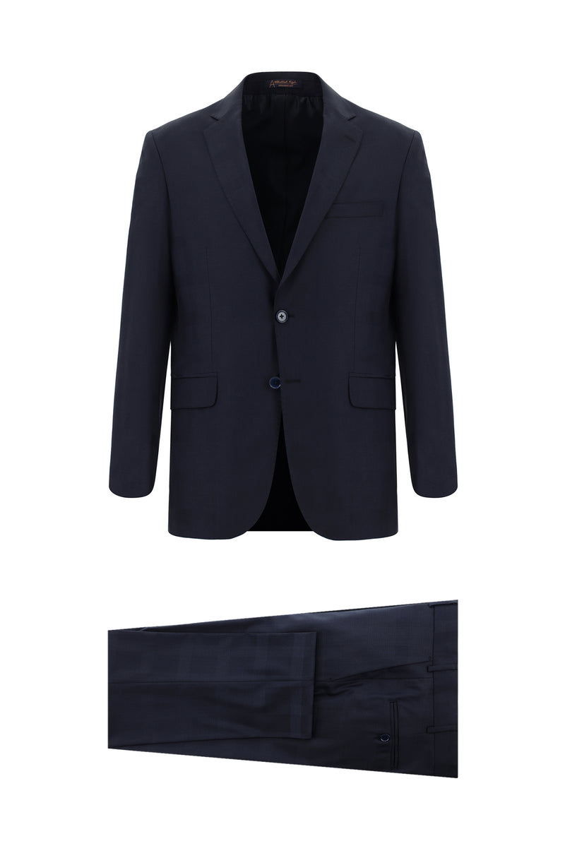 Koyu Lacivert Regular Fit Yünlü Klasik Desenli Takım Elbise