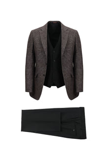 Koyu Bordo Slim Fit Dar Kesim Kombinli Yelekli Yünlü Keten Takım Elbise