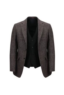 Koyu Bordo Slim Fit Dar Kesim Kombinli Yelekli Yünlü Keten Takım Elbise