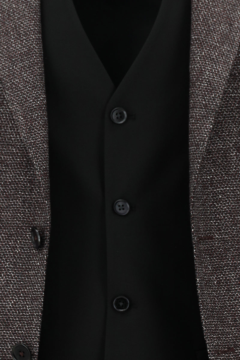 Koyu Bordo Slim Fit Dar Kesim Kombinli Yelekli Keten Takım Elbise