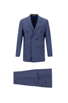 Orta Lacivert 7 Drop Slim Fit Dar Kesim Kruvaze Çizgili Yün Tak?m Elbise-Abdullah Ki??l?