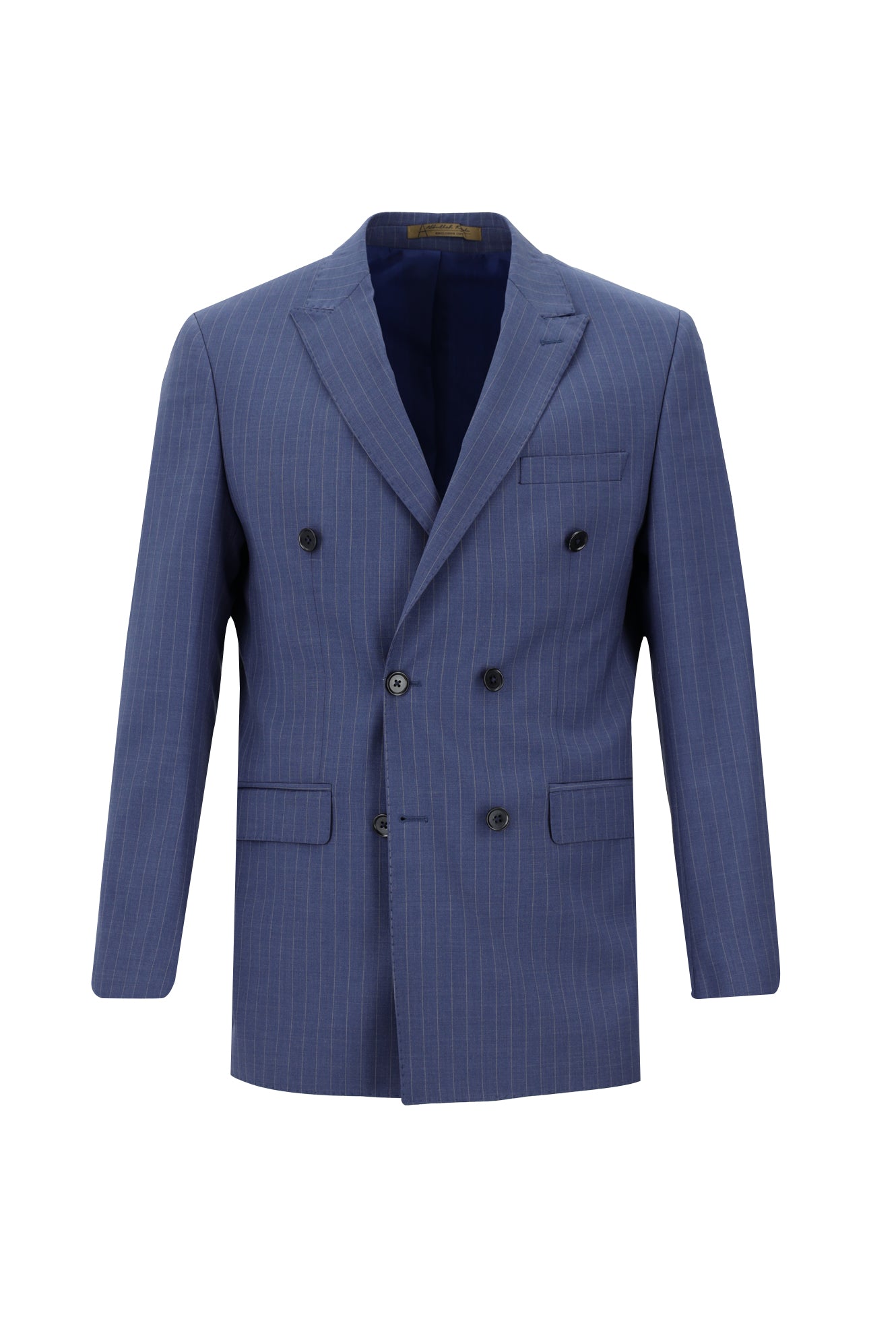 Orta Lacivert 7 Drop Slim Fit Dar Kesim Kruvaze Çizgili Yün Tak?m Elbise-Abdullah Ki??l?