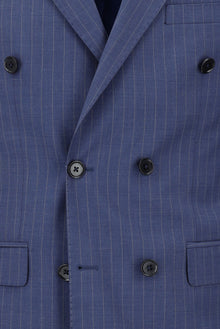 Orta Lacivert 7 Drop Slim Fit Dar Kesim Kruvaze Çizgili Yün Tak?m Elbise-Abdullah Ki??l?
