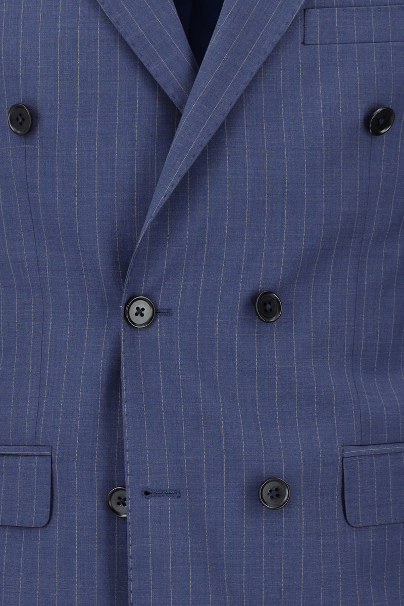 Orta Lacivert 7 Drop Slim Fit Dar Kesim Kruvaze Çizgili Yün Tak?m Elbise-Abdullah Ki??l?