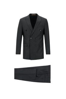 Koyu Füme Regular Fit Kruvaze Çizgili Yün Takım Elbise