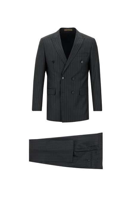 Koyu Füme Regular Fit Kruvaze Çizgili Yün Takım Elbise
