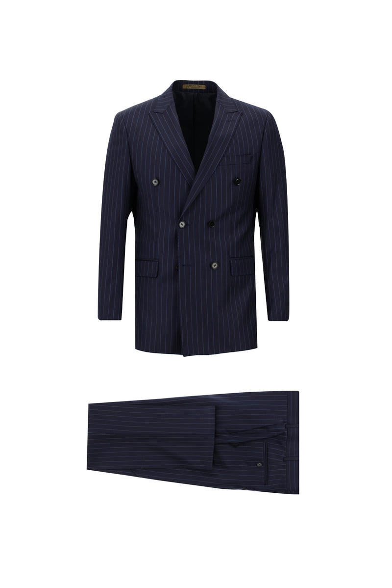 Koyu Lacivert Regular Fit Kruvaze Çizgili Yün Takım Elbise