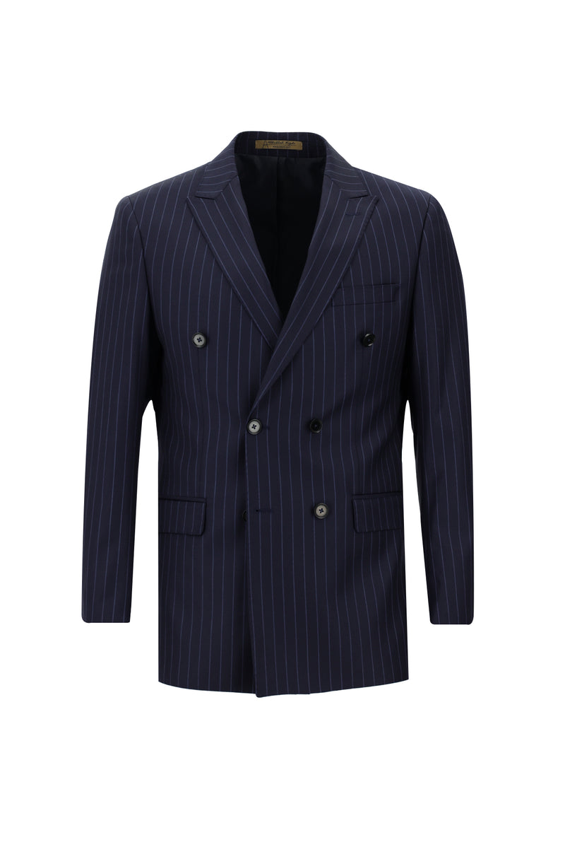 Koyu Lacivert Regular Fit Kruvaze Çizgili Yün Takım Elbise