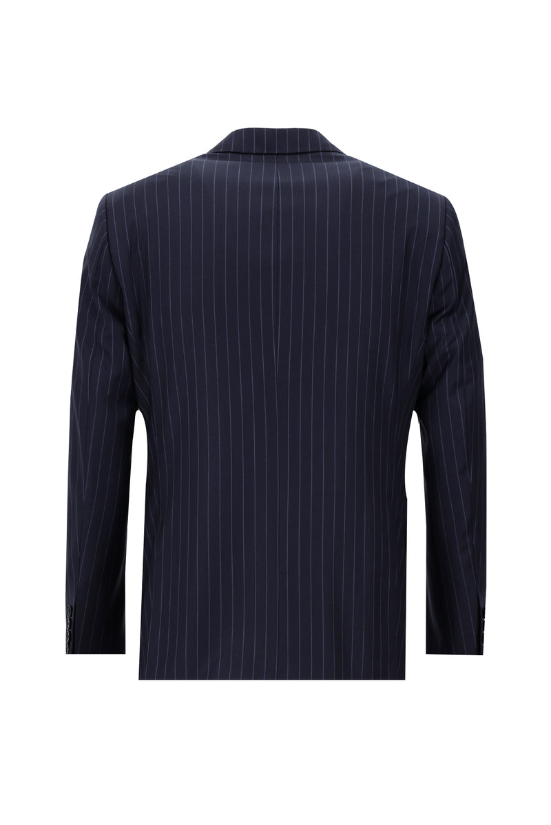 Koyu Lacivert Regular Fit Kruvaze Çizgili Yün Takım Elbise