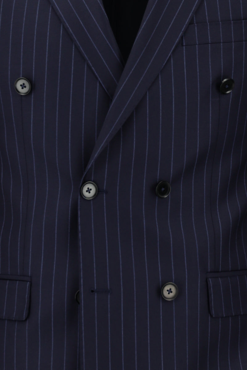 Koyu Lacivert Regular Fit Kruvaze Çizgili Yün Takım Elbise