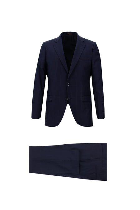 Orta Lacivert 7 Drop Slim Fit Dar Kesim Yünlü Kareli Tak?m Elbise-Abdullah Ki??l?