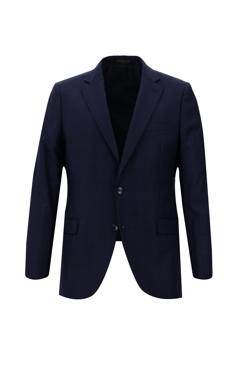 Orta Lacivert Slim Fit Dar Kesim Yünlü Klasik Kareli Takım Elbise
