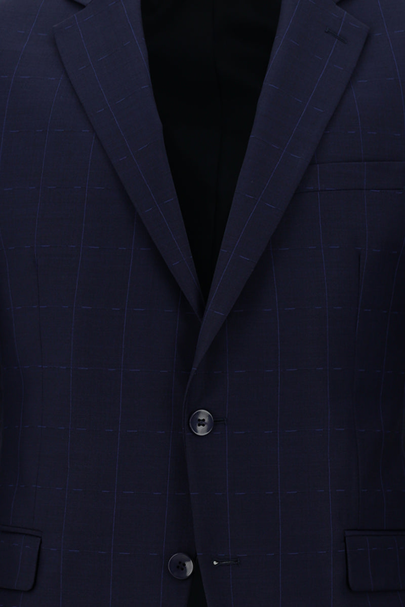 Orta Lacivert Slim Fit Dar Kesim Yünlü Klasik Kareli Takım Elbise