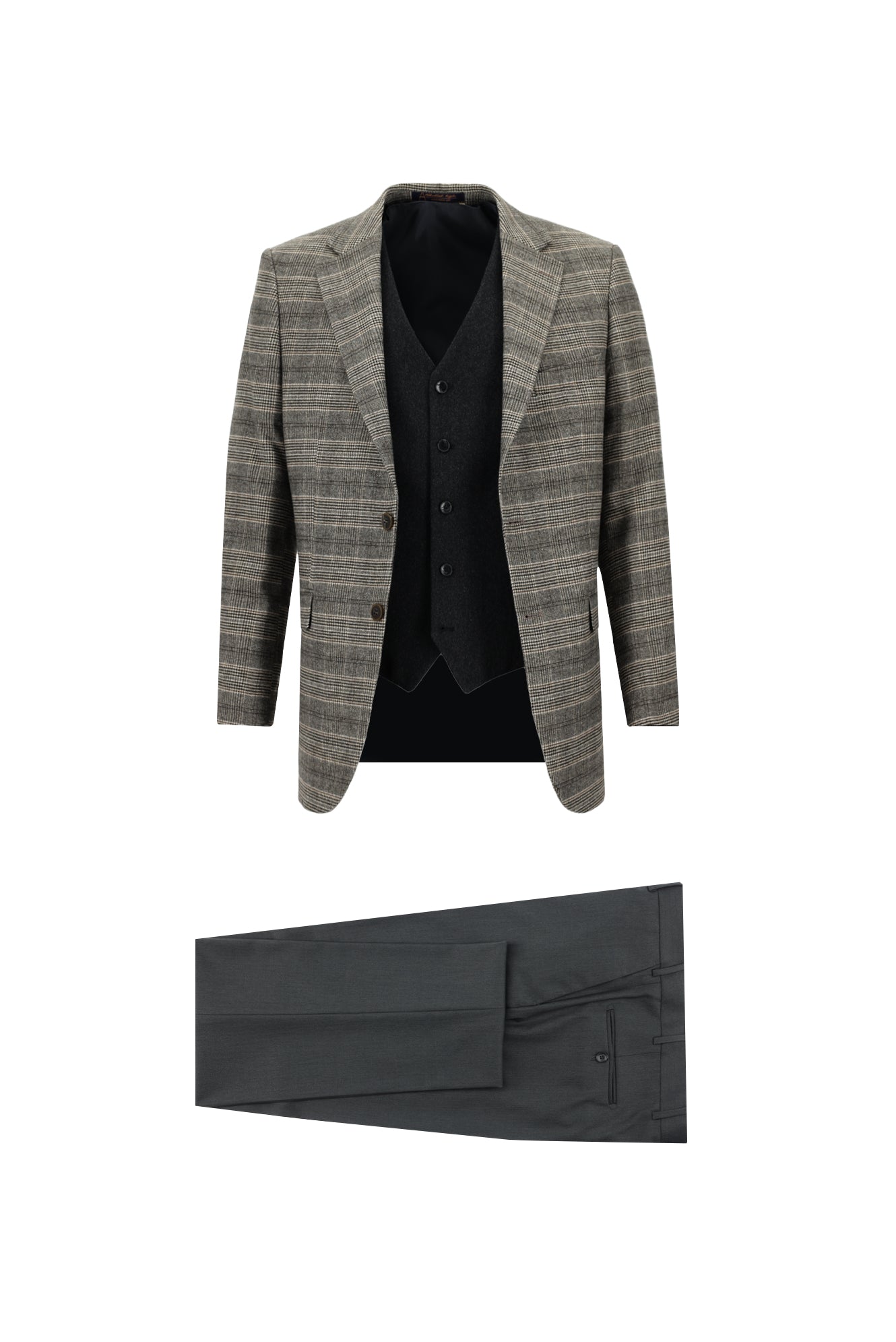 Açık Kahve  Relaxed Fit Rahat Kesim Kombinli Ekose Yelekli Takım Elbise