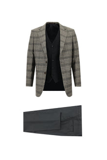 Açık Kahve  Relaxed Fit Rahat Kesim Kombinli Ekose Yelekli Takım Elbise