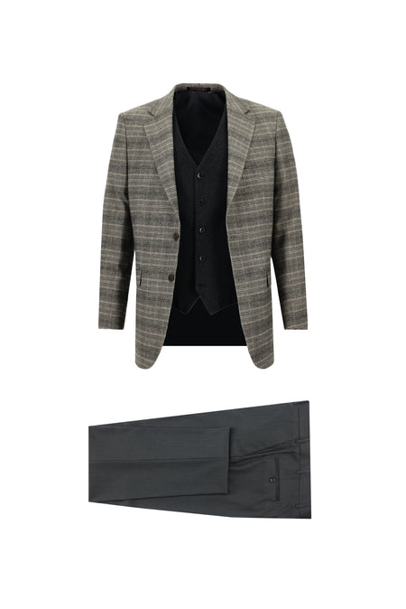 Açık Kahve  Relaxed Fit Rahat Kesim Kombinli Ekose Yelekli Takım Elbise