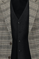 Açık Kahve  Relaxed Fit Rahat Kesim Kombinli Ekose Yelekli Takım Elbise