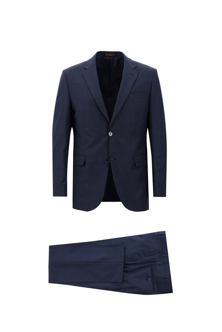 Koyu Lacivert Regular Fit Yünlü Klasik Kareli Takım Elbise