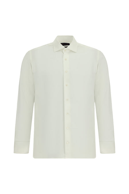 Beyaz Uzun Kol Slim Fit Dar Kesim Desenli Manşetli Pamuk Gömlek