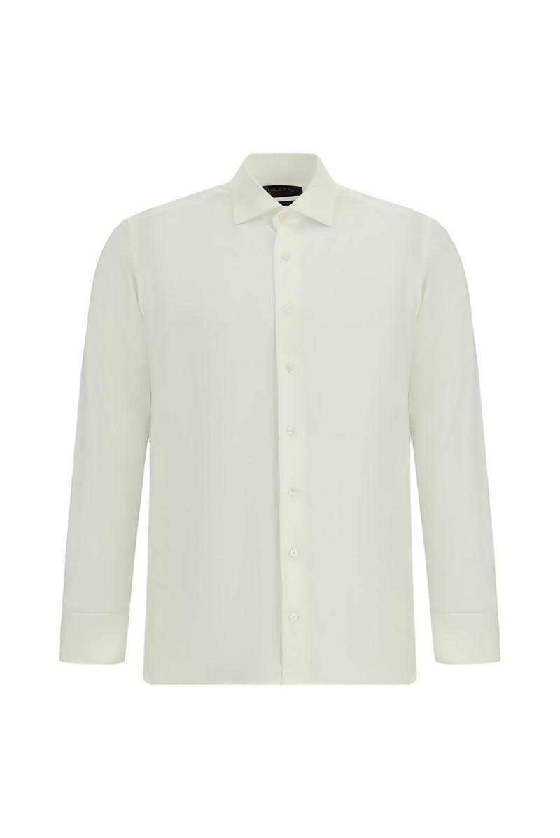 Beyaz Uzun Kol Slim Fit Dar Kesim Desenli Manşetli Pamuk Gömlek