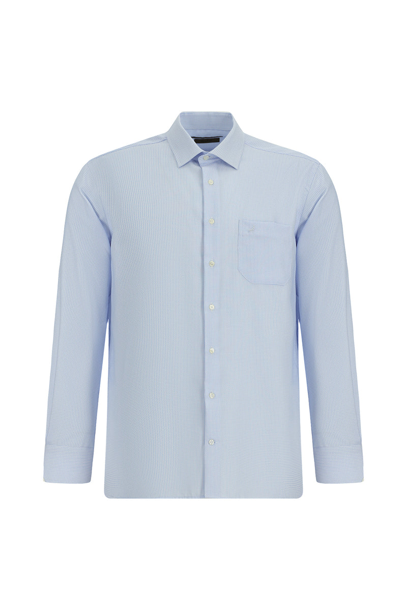 Açık Mavi Uzun Kol Klasik Cepli Non Iron Desenli Pamuk Gömlek