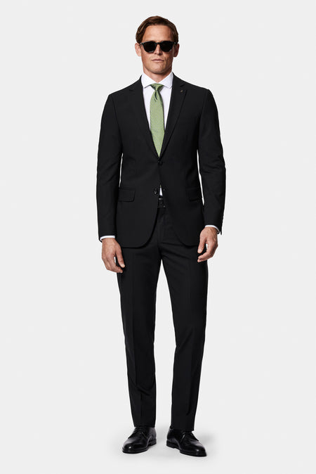 Siyah 4 Drop Relaxed Fit Rahat Kesim Çantalı Flex Suit Yünlü Takım Elbise