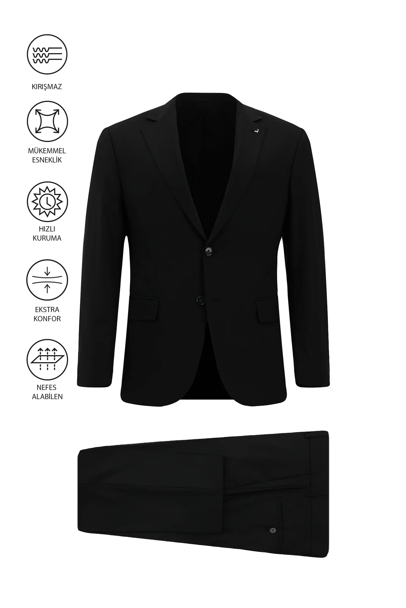 Siyah Regular Fit Çantalı Flex Suit Yünlü Klasik Takım Elbise