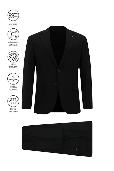 Siyah Regular Fit Çantalı Flex Suit Yünlü Klasik Takım Elbise
