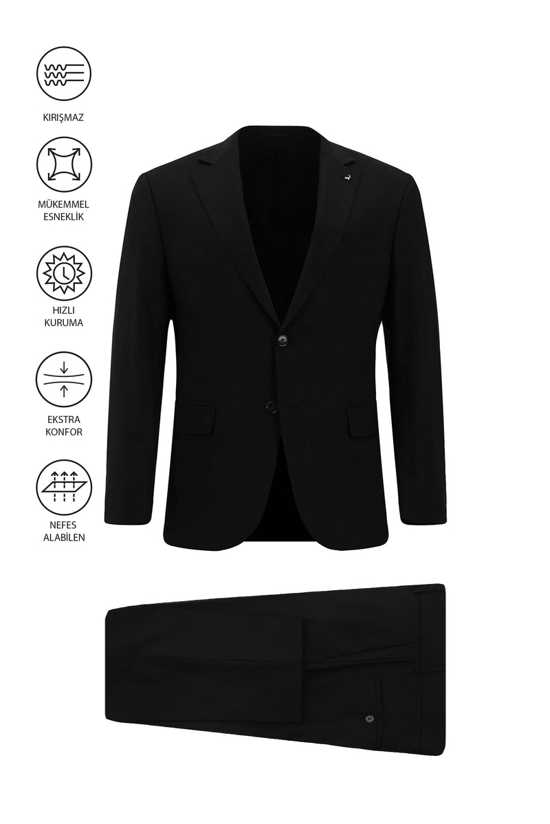 Siyah Regular Fit Çantalı Flex Suit Yünlü Klasik Takım Elbise