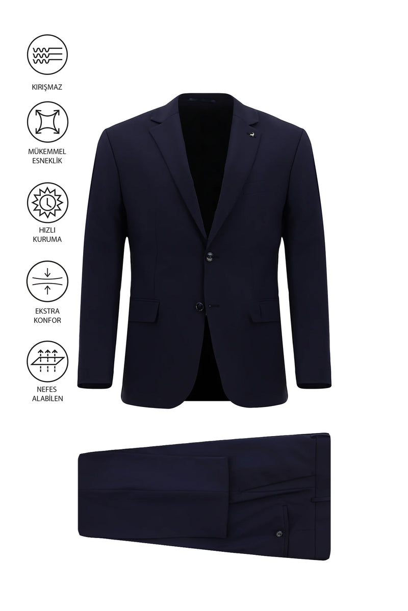 Koyu Lacivert Relaxed Fit Rahat Kesim Çantalı Flex Suit Yünlü Klasik Takım Elbise