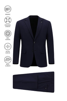Koyu Lacivert Regular Fit Çantalı Flex Suit Yünlü Klasik Takım Elbise