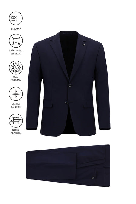 Koyu Lacivert Regular Fit Çantalı Flex Suit Yünlü Klasik Takım Elbise