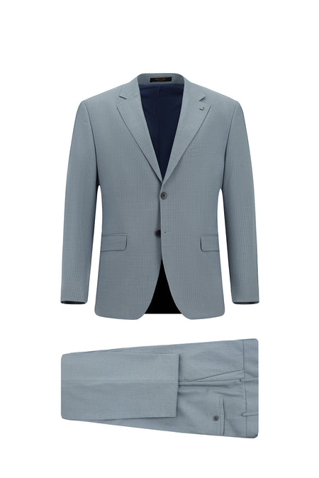 Açık Mavi Relaxed Fit Rahat Kesim Çizgili Yünlü Klasik Takım Elbise
