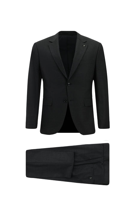 Koyu Füme Slim Fit Dar Kesim Çantalı Flex Suit Yünlü Klasik Takım