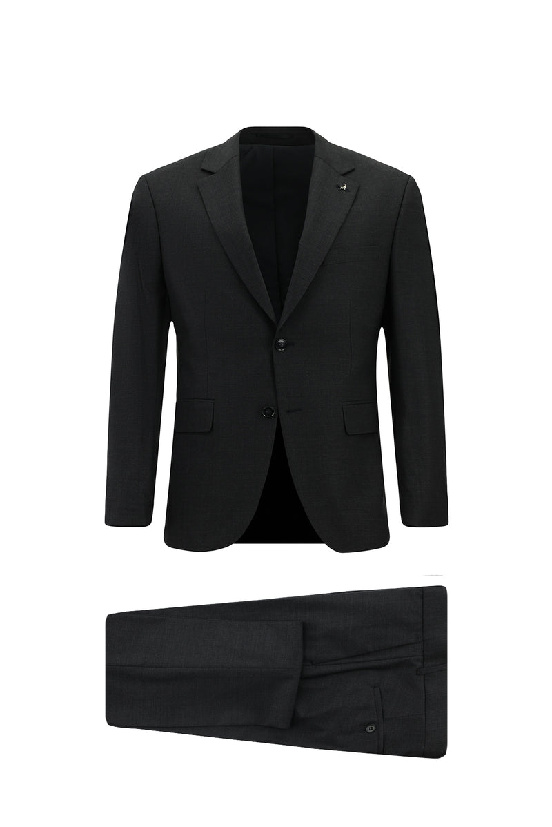 Koyu Füme Slim Fit Dar Kesim Çantalı Flex Suit Yünlü Klasik Takım