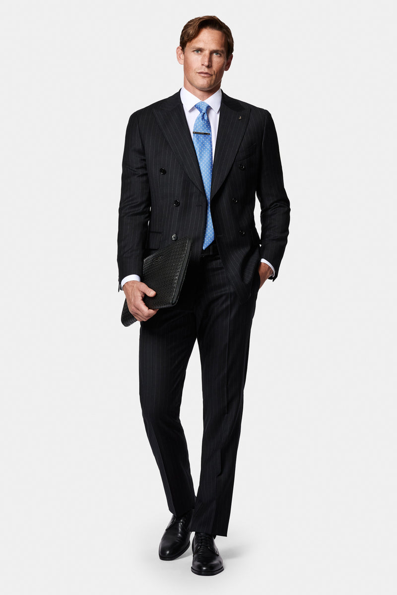 Siyah 6 Drop Regular Fit Standart Kesim %100 Yün Kruvaze Çizgili İtalyan Takım Elbise