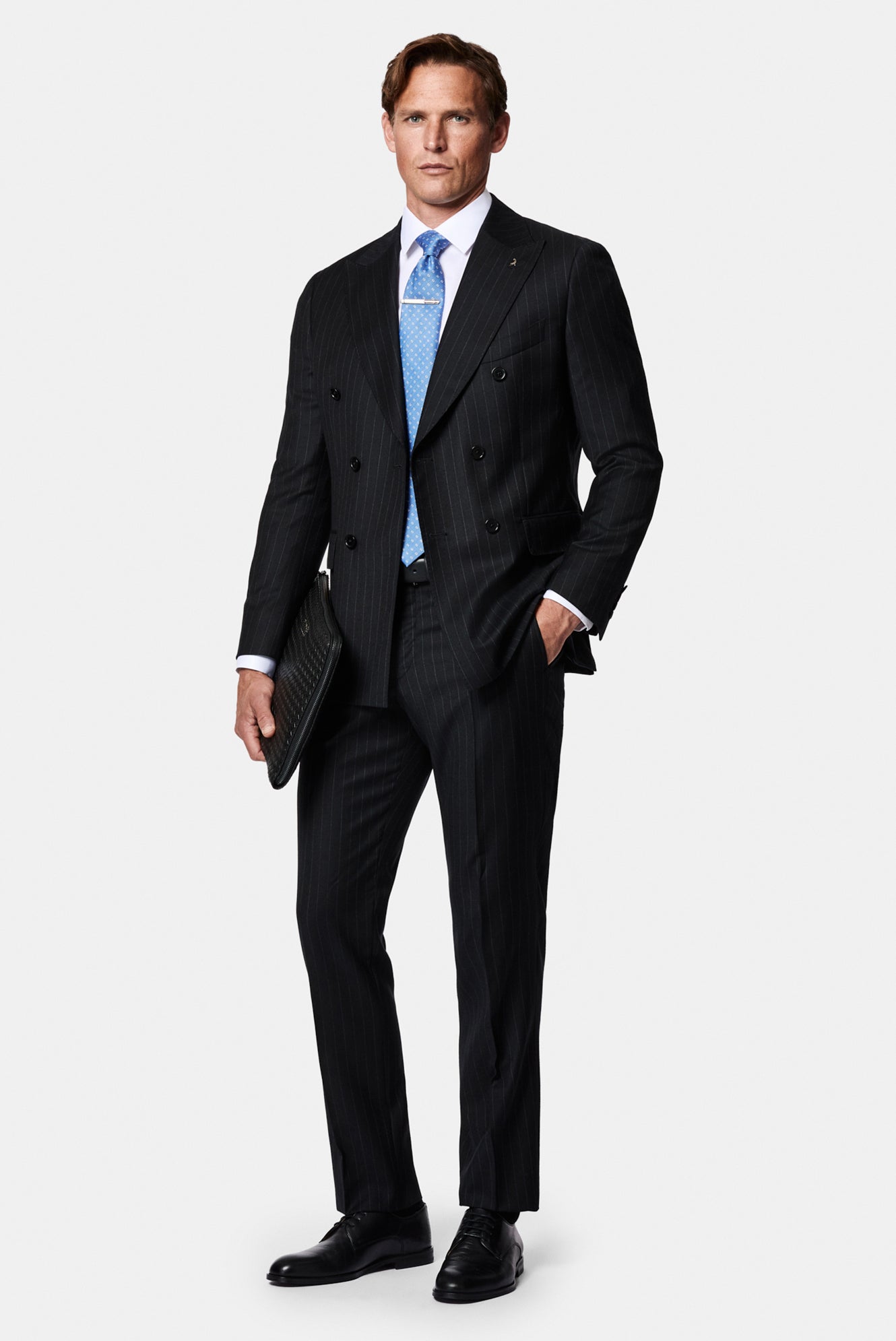 Siyah 6 Drop Regular Fit Standart Kesim %100 Yün Kruvaze Çizgili İtalyan Takım Elbise