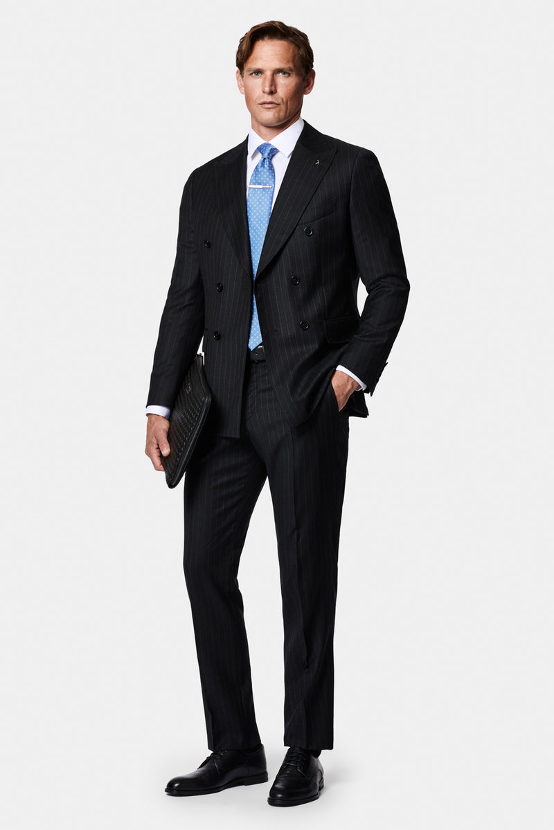 Siyah 6 Drop Regular Fit Standart Kesim %100 Yün Kruvaze Çizgili İtalyan Takım Elbise