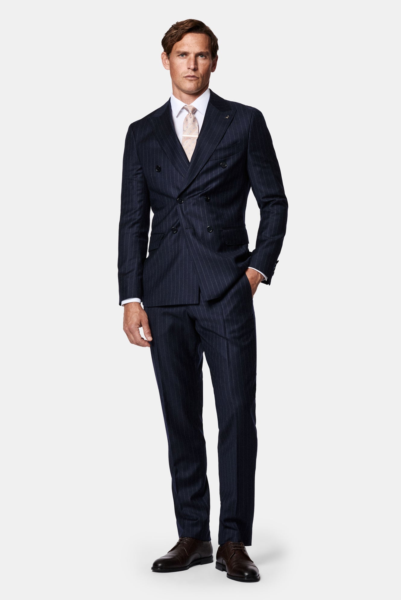 Koyu Lacivert 6 Drop Regular Fit Standart Kesim %100 Yün Kruvaze Çizgili İtalyan Takım Elbise
